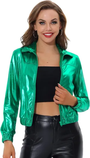 Allegra K Women's Holographic Shiny Party Christmas Long Sleeve Lightweight Zipper Metallic Jacket