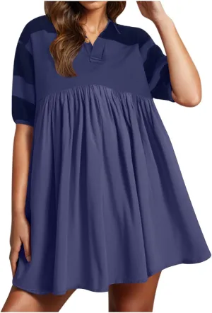 Beach Dresses for Women 2025 Vacation Casual V Neck Short Sleeve Mini Dress Soft Patchwork Dress with Buttons