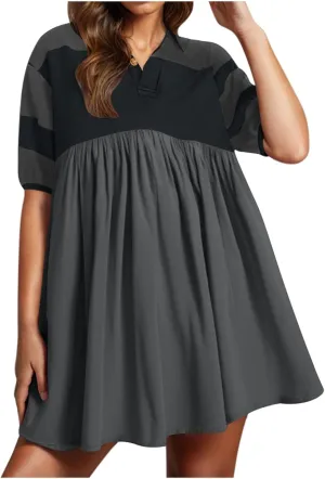 Beach Dresses for Women 2025 Vacation Casual V Neck Short Sleeve Mini Dress Soft Patchwork Dress with Buttons