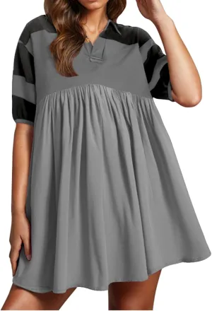 Beach Dresses for Women 2025 Vacation Casual V Neck Short Sleeve Mini Dress Soft Patchwork Dress with Buttons