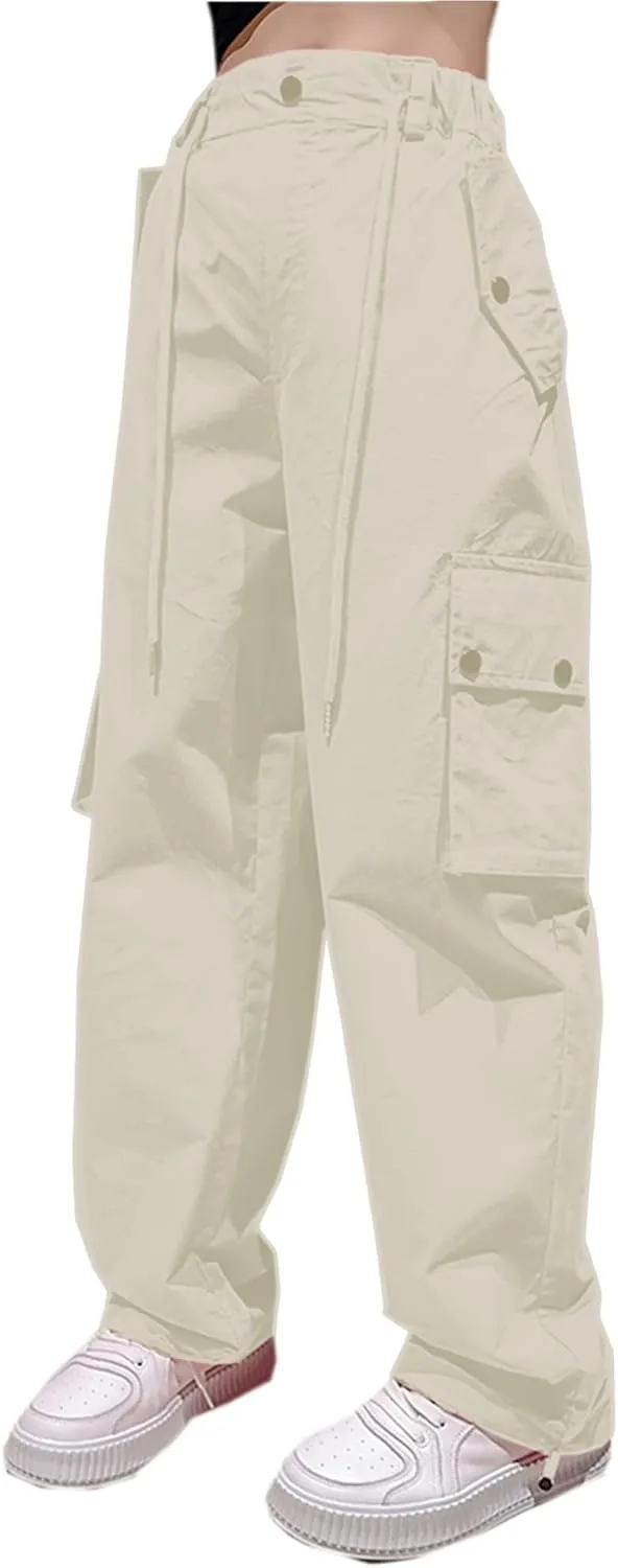 Betusline Girls & Women's High Waist Wide Leg Cargo Pants Y2K Parachute Pants with Pockets and Drawstring 6 Years-Women 2XL