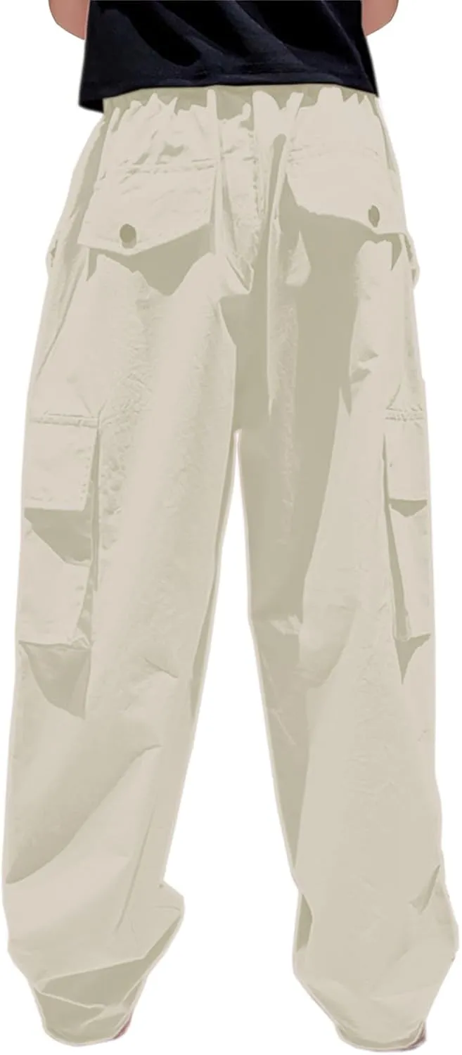 Betusline Girls & Women's High Waist Wide Leg Cargo Pants Y2K Parachute Pants with Pockets and Drawstring 6 Years-Women 2XL