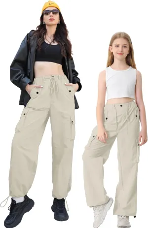 Betusline Girls & Women's High Waist Wide Leg Cargo Pants Y2K Parachute Pants with Pockets and Drawstring 6 Years-Women 2XL