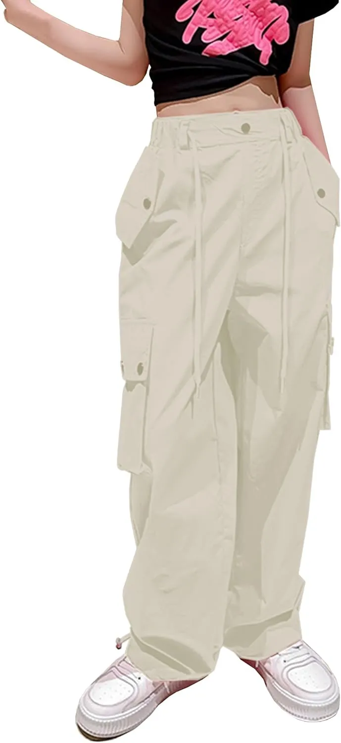 Betusline Girls & Women's High Waist Wide Leg Cargo Pants Y2K Parachute Pants with Pockets and Drawstring 6 Years-Women 2XL