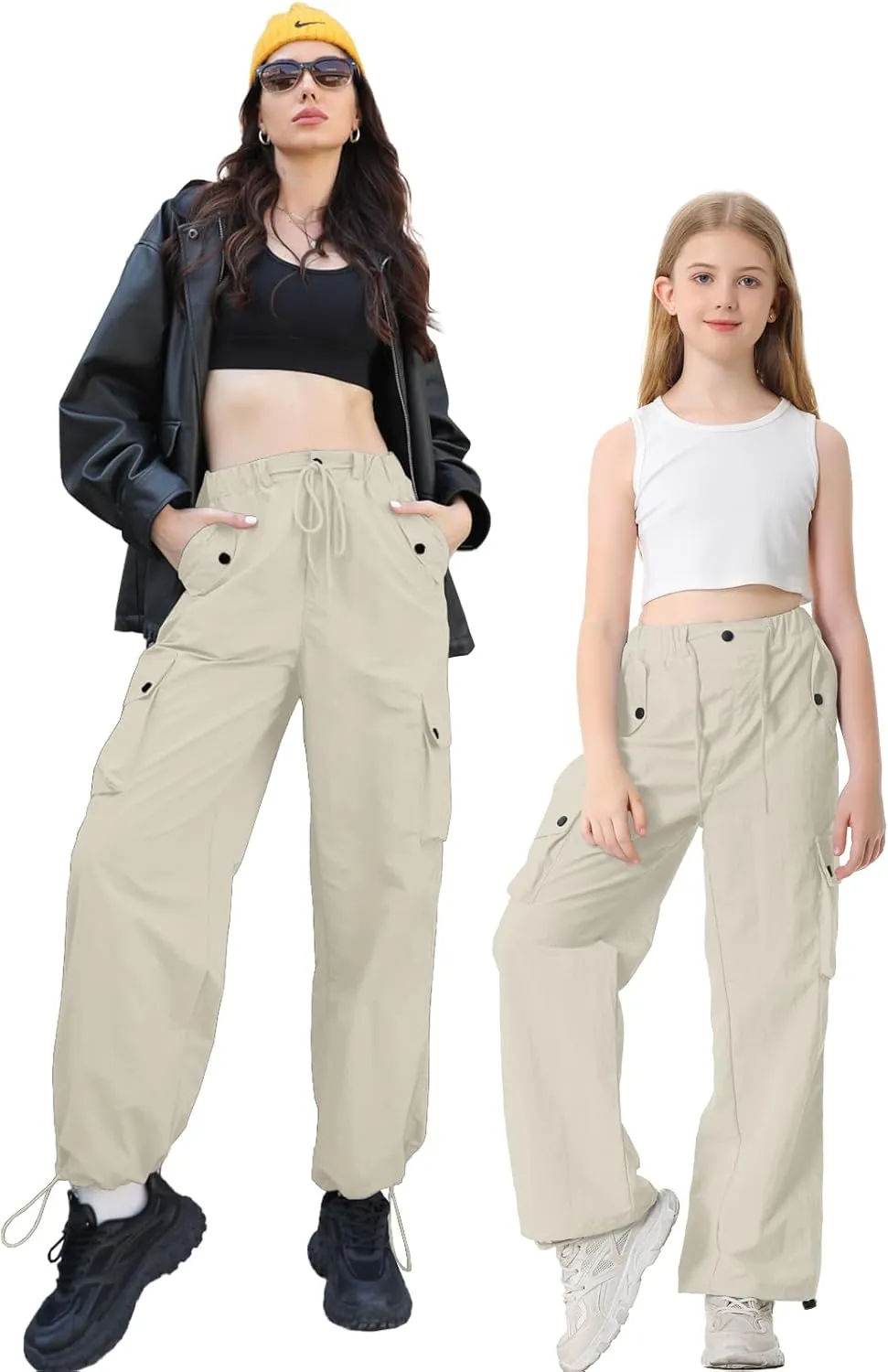 Betusline Girls & Women's High Waist Wide Leg Cargo Pants Y2K Parachute Pants with Pockets and Drawstring 6 Years-Women 2XL