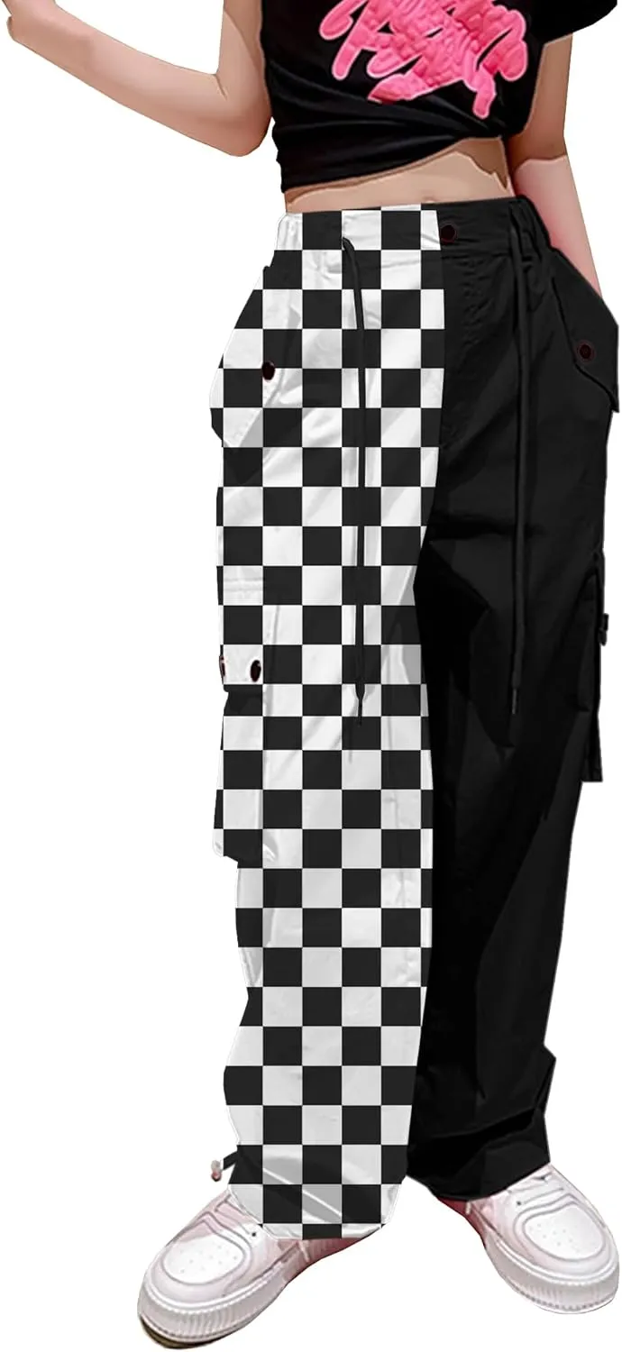 Betusline Girls & Women's High Waist Wide Leg Cargo Pants Y2K Parachute Pants with Pockets and Drawstring 6 Years-Women 2XL