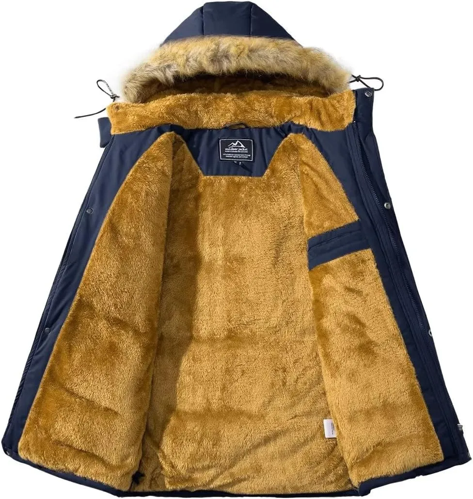 BIYLACLESEN Men's Hooded Winter Warm Jacket Fleece Thicken Windproof Down Coat with Fur Collar Hood Snowproof Jackets