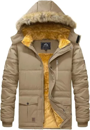 BIYLACLESEN Men's Hooded Winter Warm Jacket Fleece Thicken Windproof Down Coat with Fur Collar Hood Snowproof Jackets