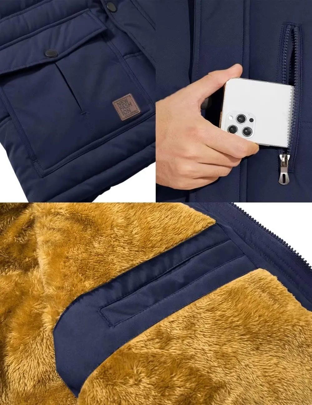 BIYLACLESEN Men's Hooded Winter Warm Jacket Fleece Thicken Windproof Down Coat with Fur Collar Hood Snowproof Jackets