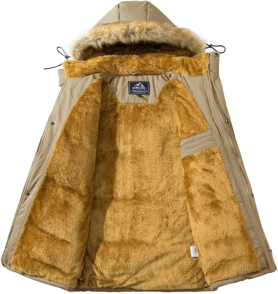 BIYLACLESEN Men's Hooded Winter Warm Jacket Fleece Thicken Windproof Down Coat with Fur Collar Hood Snowproof Jackets