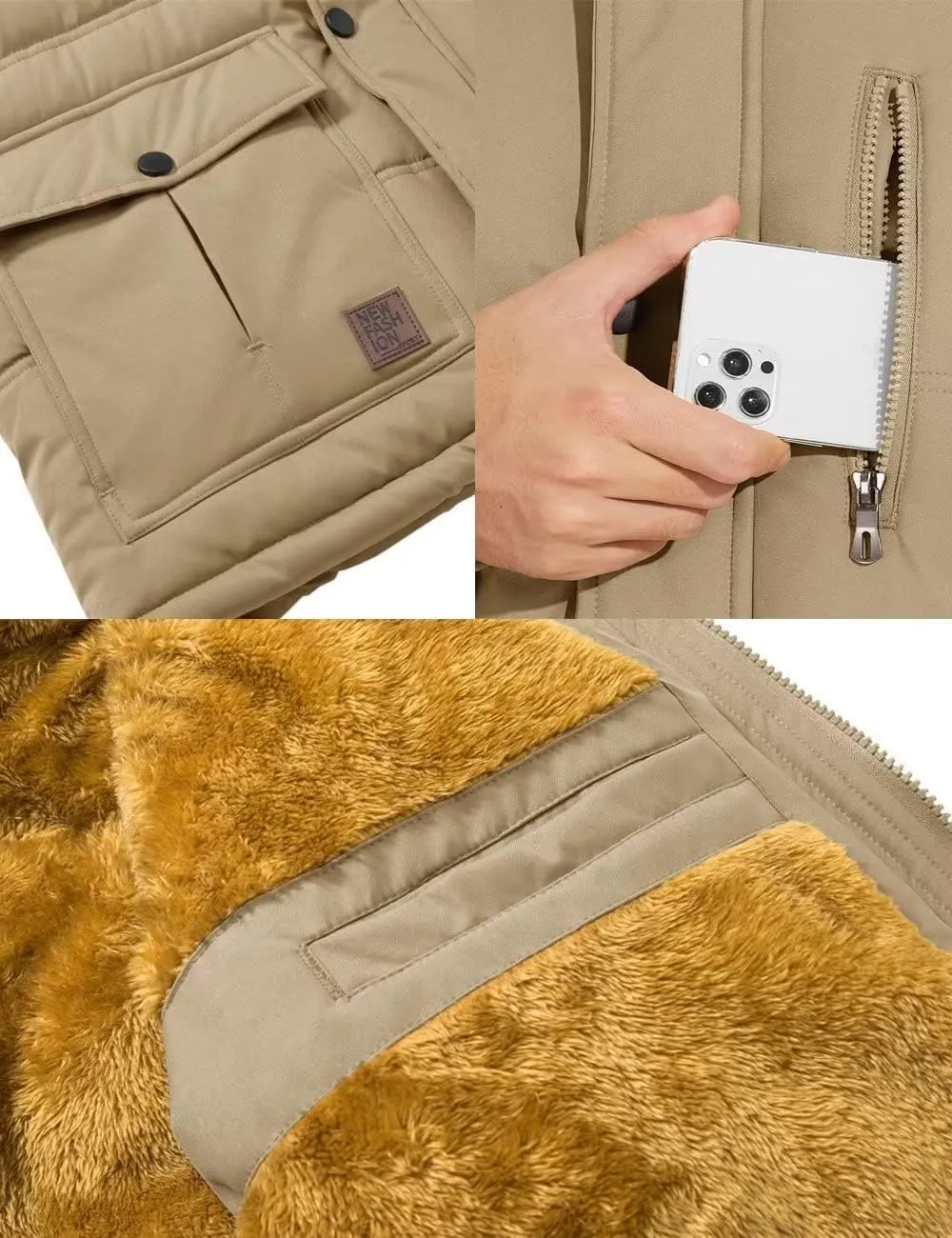 BIYLACLESEN Men's Hooded Winter Warm Jacket Fleece Thicken Windproof Down Coat with Fur Collar Hood Snowproof Jackets