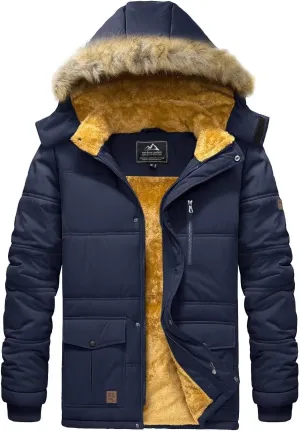BIYLACLESEN Men's Hooded Winter Warm Jacket Fleece Thicken Windproof Down Coat with Fur Collar Hood Snowproof Jackets