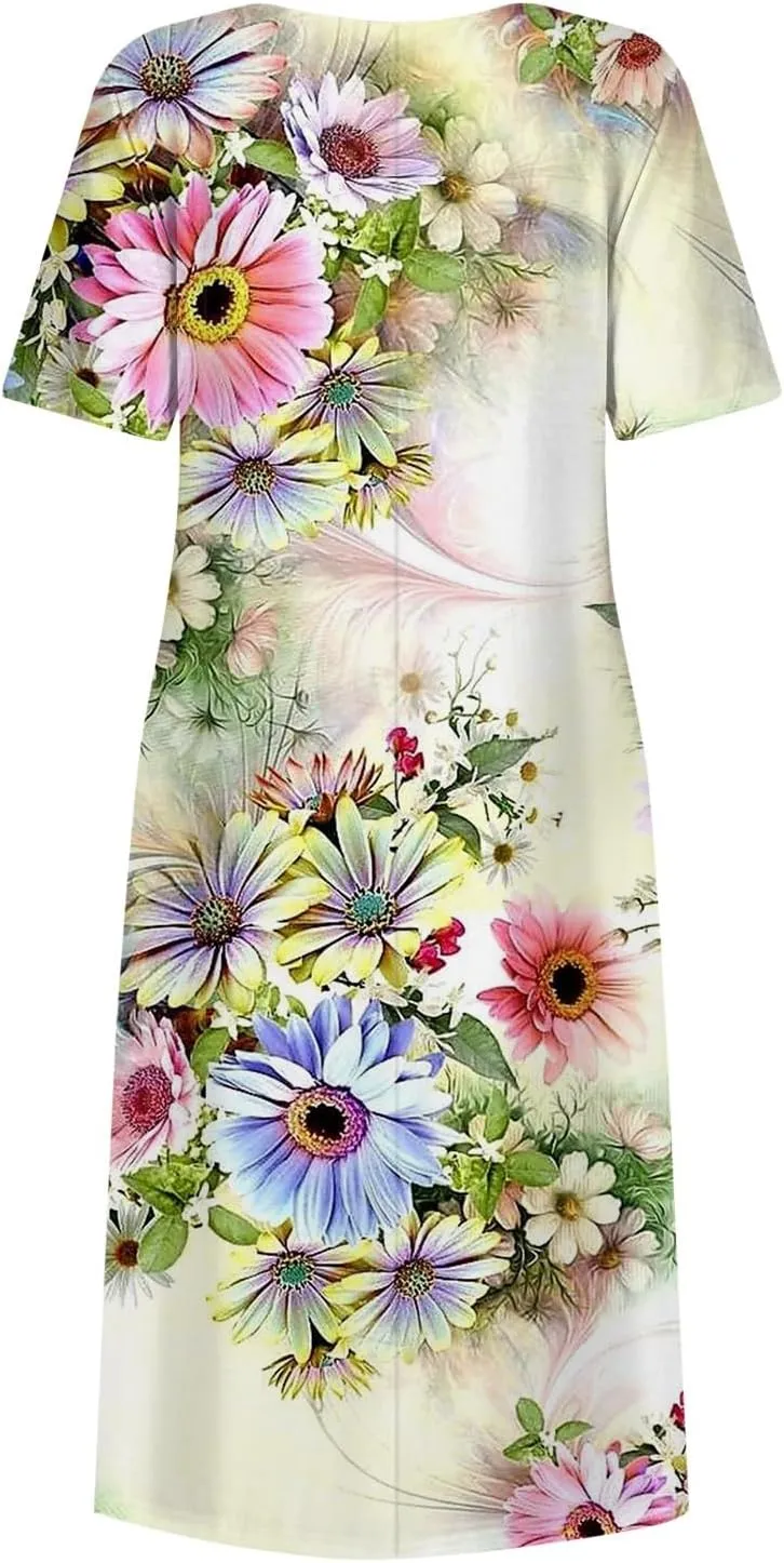 Bohemian Summer Midi Cover Up Women Short Sleeve Prom Graphic Cotton Crewneck Pocket Loose Fit Soft Pullover.