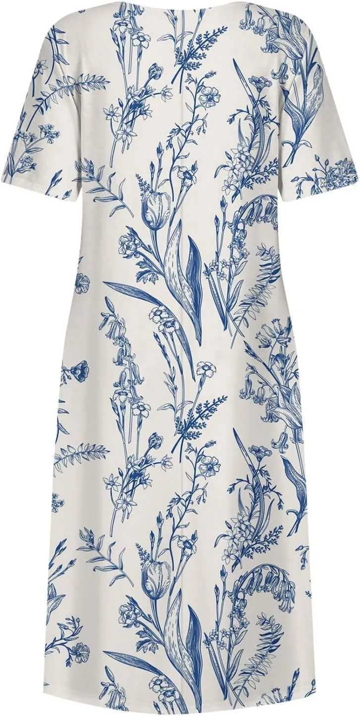 Bohemian Summer Midi Cover Up Women Short Sleeve Prom Graphic Cotton Crewneck Pocket Loose Fit Soft Pullover.