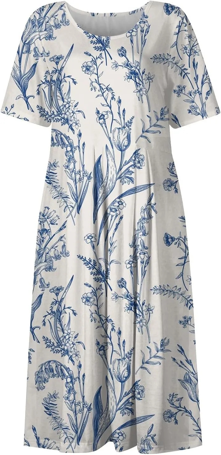 Bohemian Summer Midi Cover Up Women Short Sleeve Prom Graphic Cotton Crewneck Pocket Loose Fit Soft Pullover.