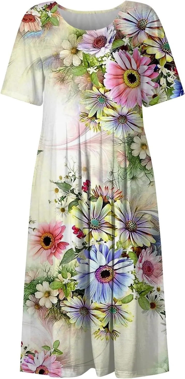 Bohemian Summer Midi Cover Up Women Short Sleeve Prom Graphic Cotton Crewneck Pocket Loose Fit Soft Pullover.