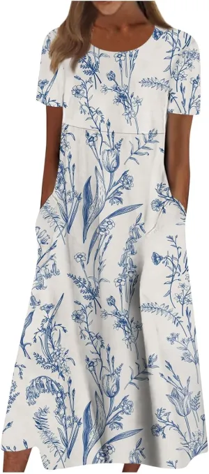 Bohemian Summer Midi Cover Up Women Short Sleeve Prom Graphic Cotton Crewneck Pocket Loose Fit Soft Pullover.