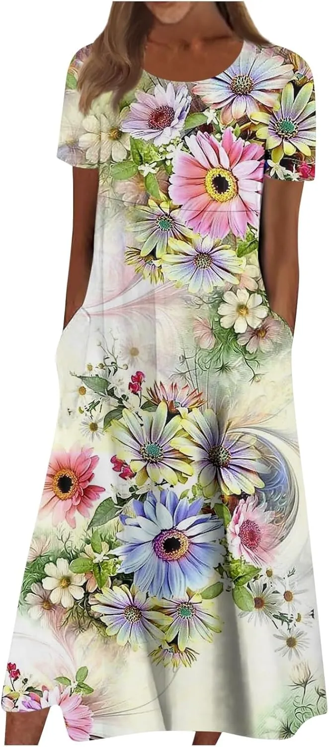 Bohemian Summer Midi Cover Up Women Short Sleeve Prom Graphic Cotton Crewneck Pocket Loose Fit Soft Pullover.