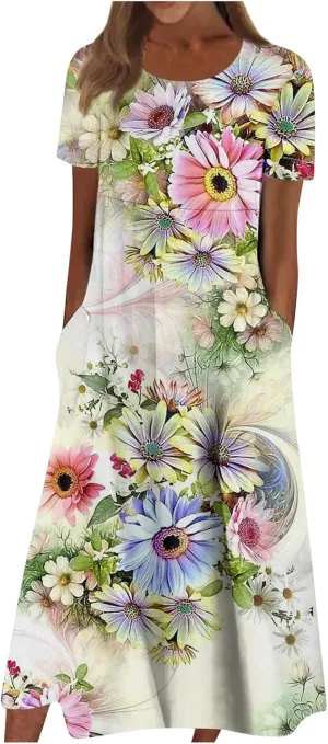 Bohemian Summer Midi Cover Up Women Short Sleeve Prom Graphic Cotton Crewneck Pocket Loose Fit Soft Pullover.