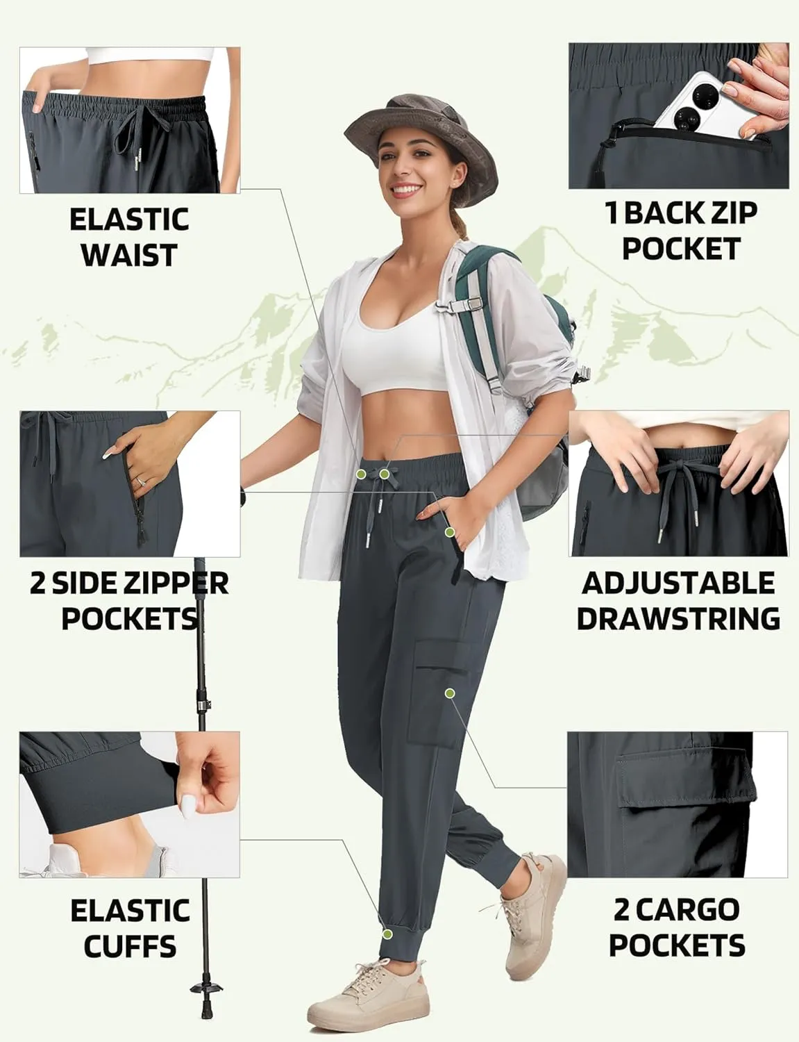 Buauty Womens Hiking Pants Pocketed Cargo Joggers Lightweight Quick Dry Waterproof Pants Elastic Waist Casual Travel Leggings
