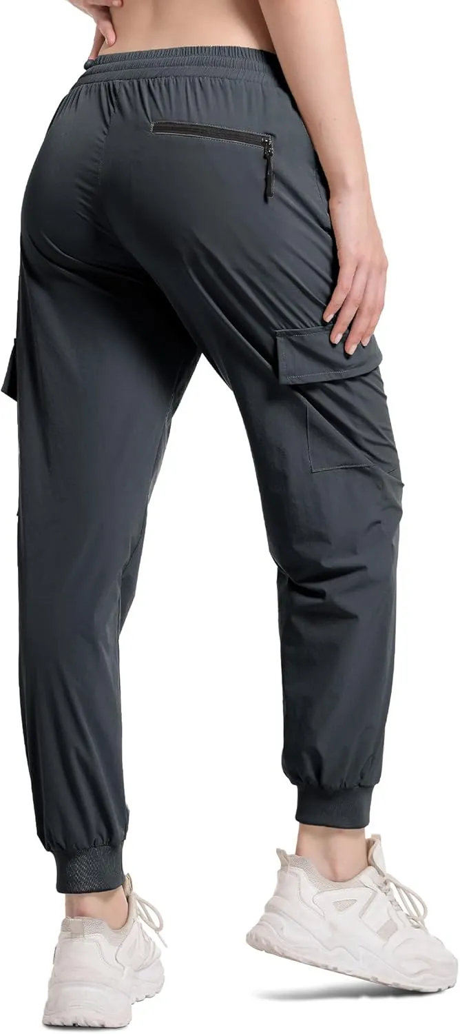 Buauty Womens Hiking Pants Pocketed Cargo Joggers Lightweight Quick Dry Waterproof Pants Elastic Waist Casual Travel Leggings