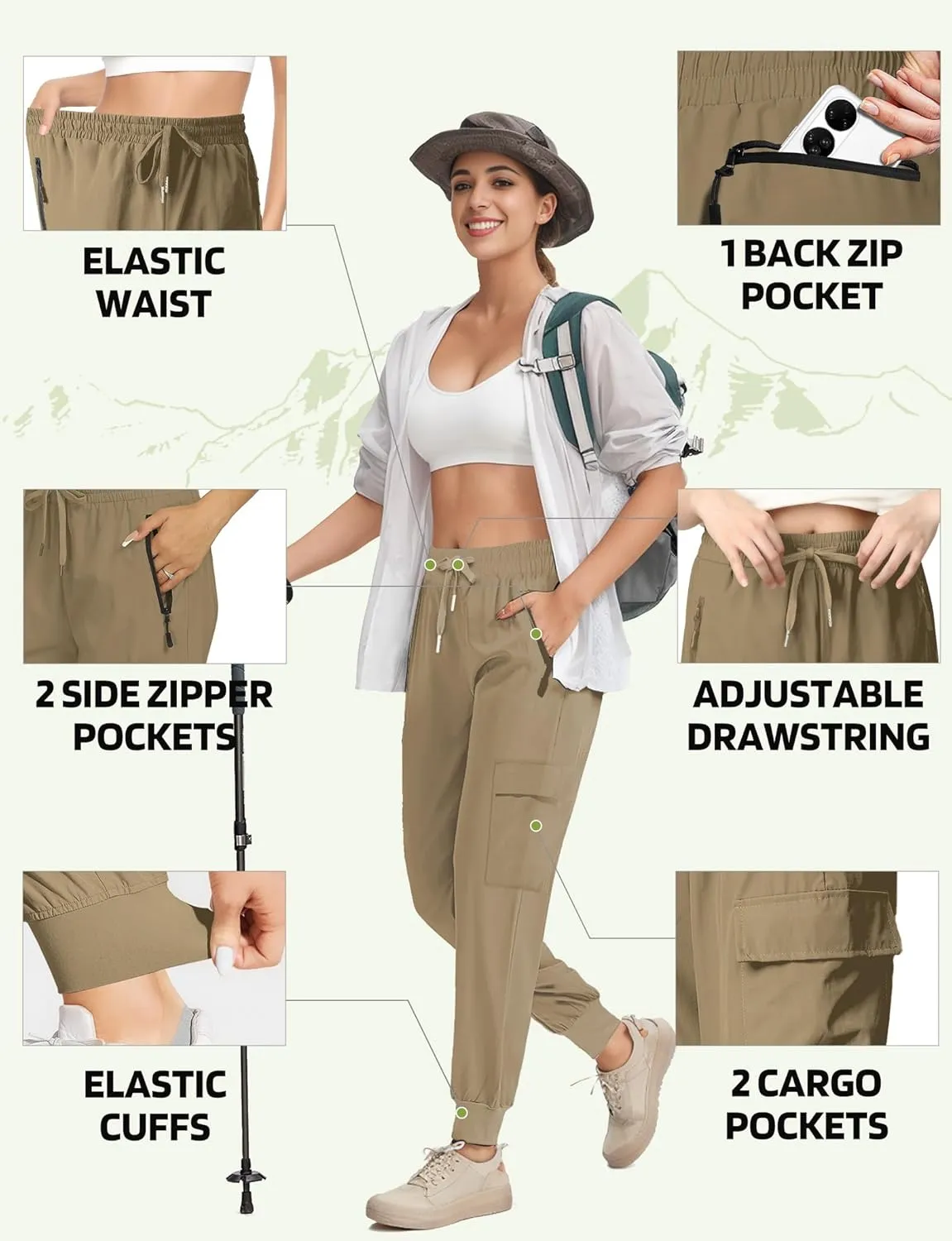 Buauty Womens Hiking Pants Pocketed Cargo Joggers Lightweight Quick Dry Waterproof Pants Elastic Waist Casual Travel Leggings