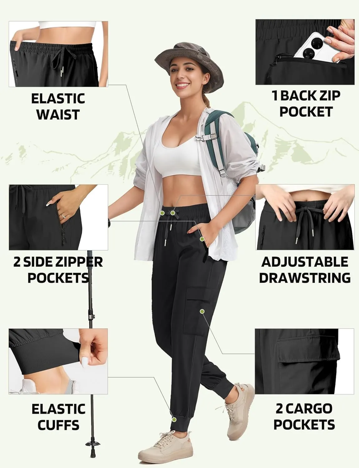 Buauty Womens Hiking Pants Pocketed Cargo Joggers Lightweight Quick Dry Waterproof Pants Elastic Waist Casual Travel Leggings