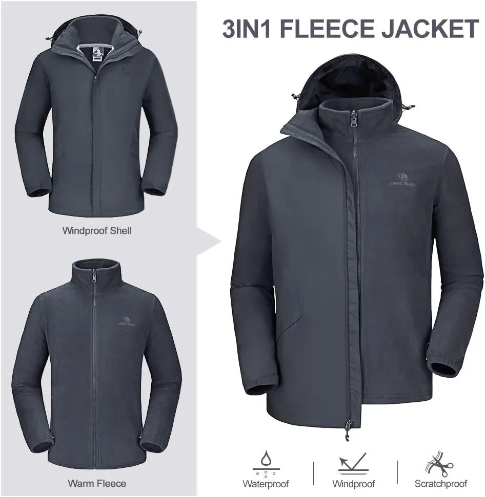 CAMEL CROWN Men's Ski Jacket 3 in 1 Waterproof Winter Jacket Snow Jacket Windproof Hooded with Inner Warm Fleece Coat