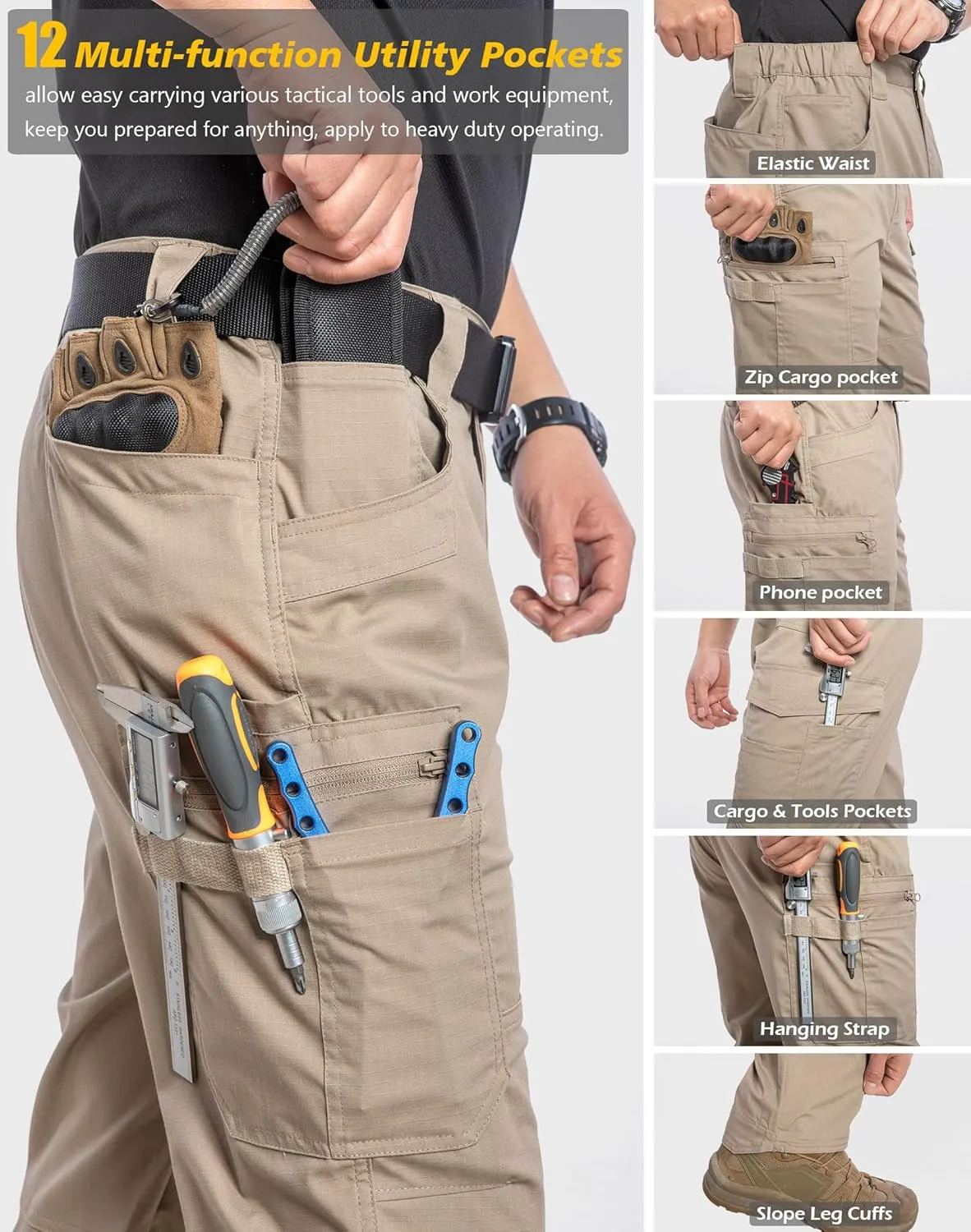 CARWORNIC Men's Stretch Ripstop Work Pants Water Resistant Flex Cargo Pants Lightweight EDC Operator Tactical Utility Pants