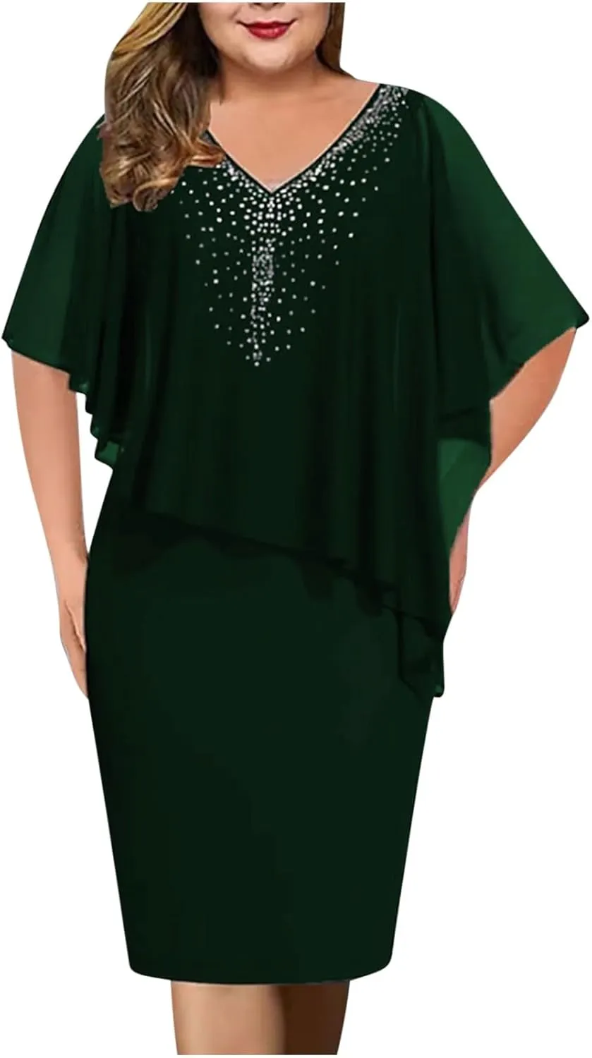 Chiffon Dress for Women Mesh V Neck Night Out Dresses Rhinestone Printed Lightweight Soft Smooth Short Sleeve Dress