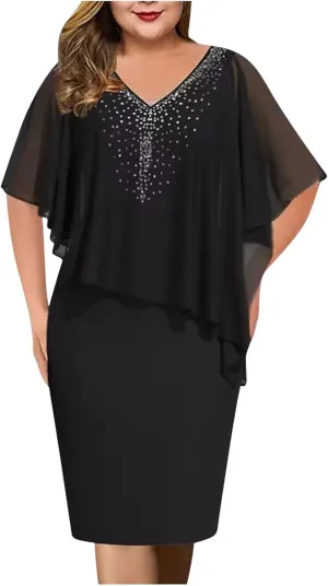 Chiffon Dress for Women Mesh V Neck Night Out Dresses Rhinestone Printed Lightweight Soft Smooth Short Sleeve Dress