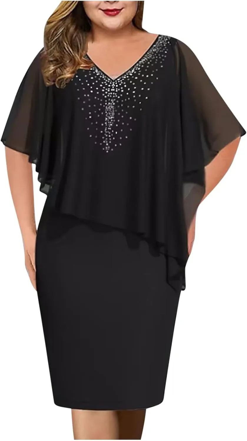 Chiffon Dress for Women Mesh V Neck Night Out Dresses Rhinestone Printed Lightweight Soft Smooth Short Sleeve Dress
