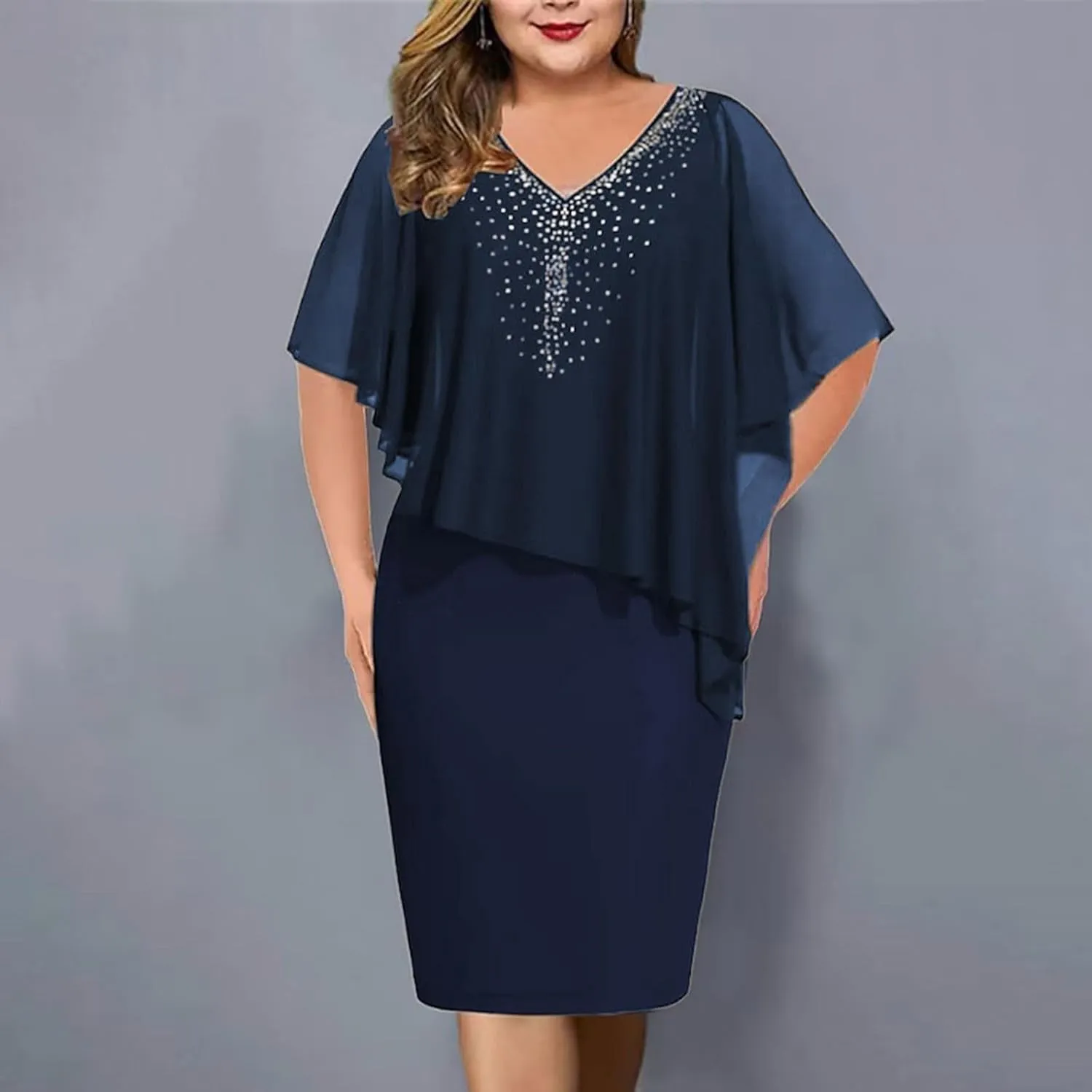 Chiffon Dress for Women Mesh V Neck Night Out Dresses Rhinestone Printed Lightweight Soft Smooth Short Sleeve Dress