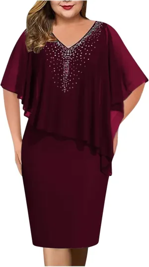 Chiffon Dress for Women Mesh V Neck Night Out Dresses Rhinestone Printed Lightweight Soft Smooth Short Sleeve Dress
