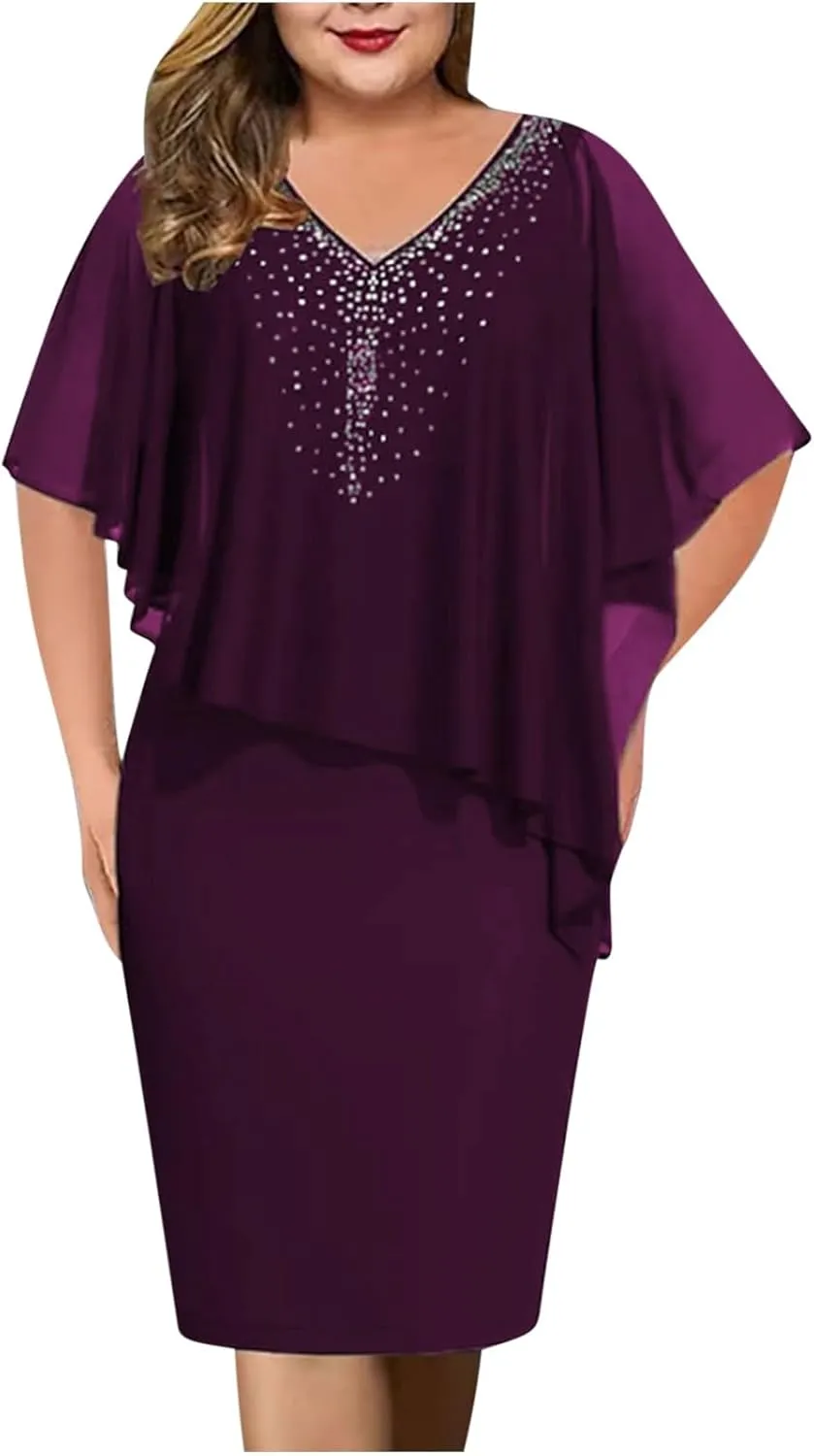 Chiffon Dress for Women Mesh V Neck Night Out Dresses Rhinestone Printed Lightweight Soft Smooth Short Sleeve Dress