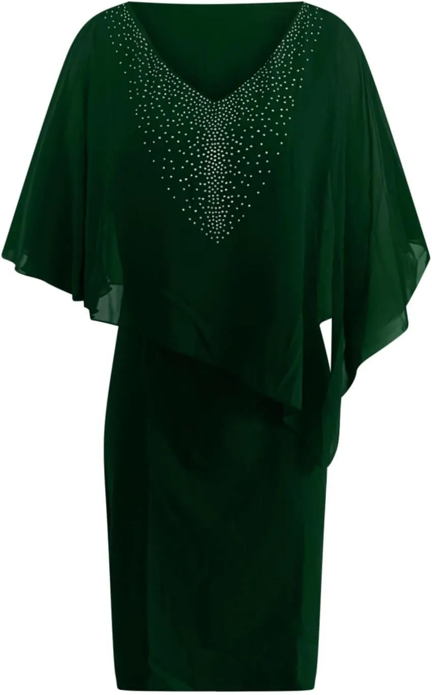 Chiffon Dress for Women Mesh V Neck Night Out Dresses Rhinestone Printed Lightweight Soft Smooth Short Sleeve Dress