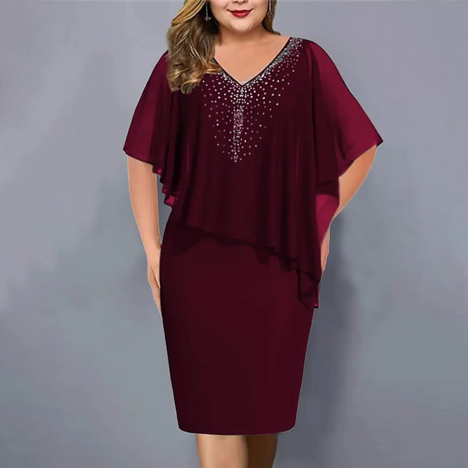 Chiffon Dress for Women Mesh V Neck Night Out Dresses Rhinestone Printed Lightweight Soft Smooth Short Sleeve Dress