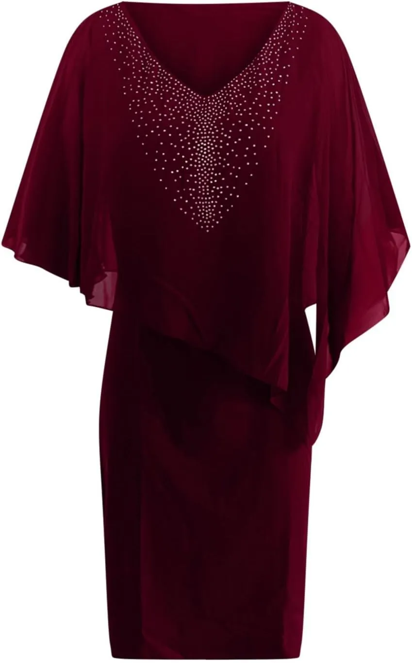 Chiffon Dress for Women Mesh V Neck Night Out Dresses Rhinestone Printed Lightweight Soft Smooth Short Sleeve Dress