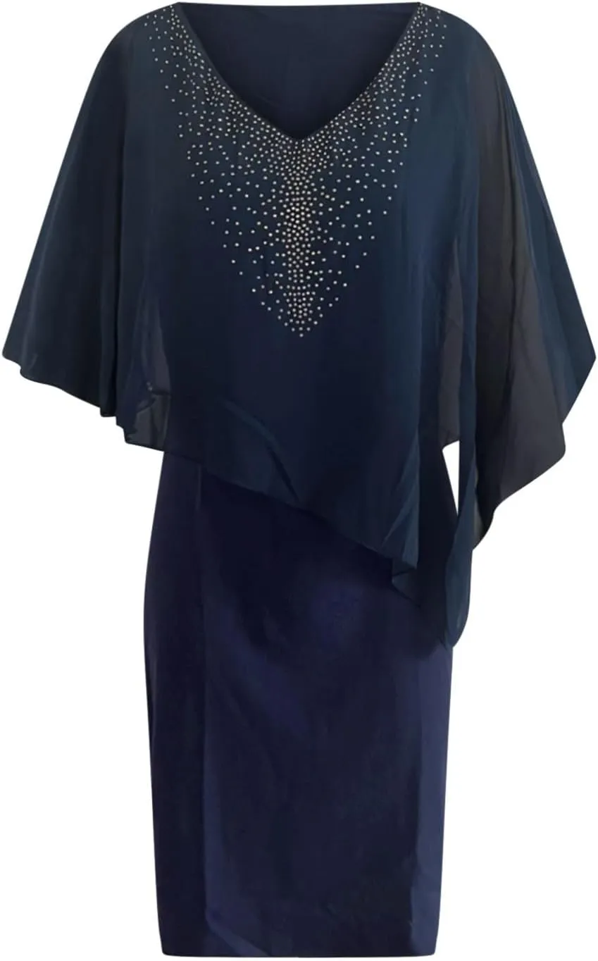Chiffon Dress for Women Mesh V Neck Night Out Dresses Rhinestone Printed Lightweight Soft Smooth Short Sleeve Dress