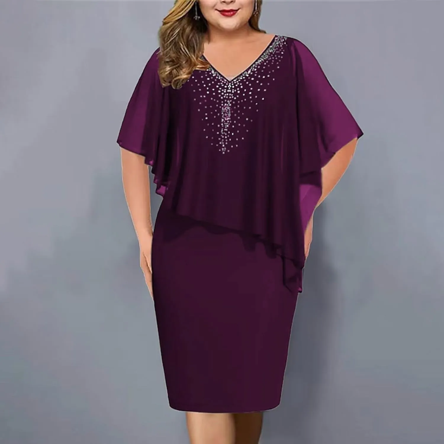Chiffon Dress for Women Mesh V Neck Night Out Dresses Rhinestone Printed Lightweight Soft Smooth Short Sleeve Dress