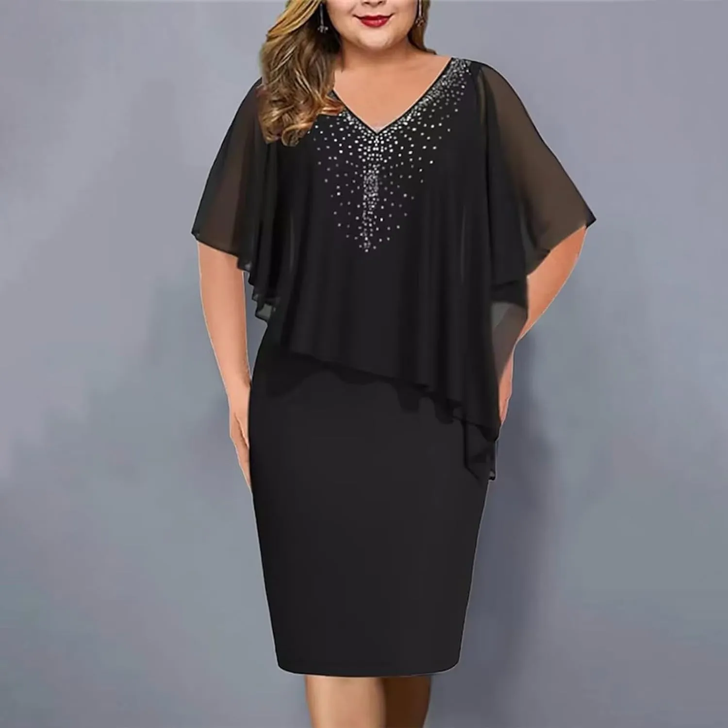 Chiffon Dress for Women Mesh V Neck Night Out Dresses Rhinestone Printed Lightweight Soft Smooth Short Sleeve Dress
