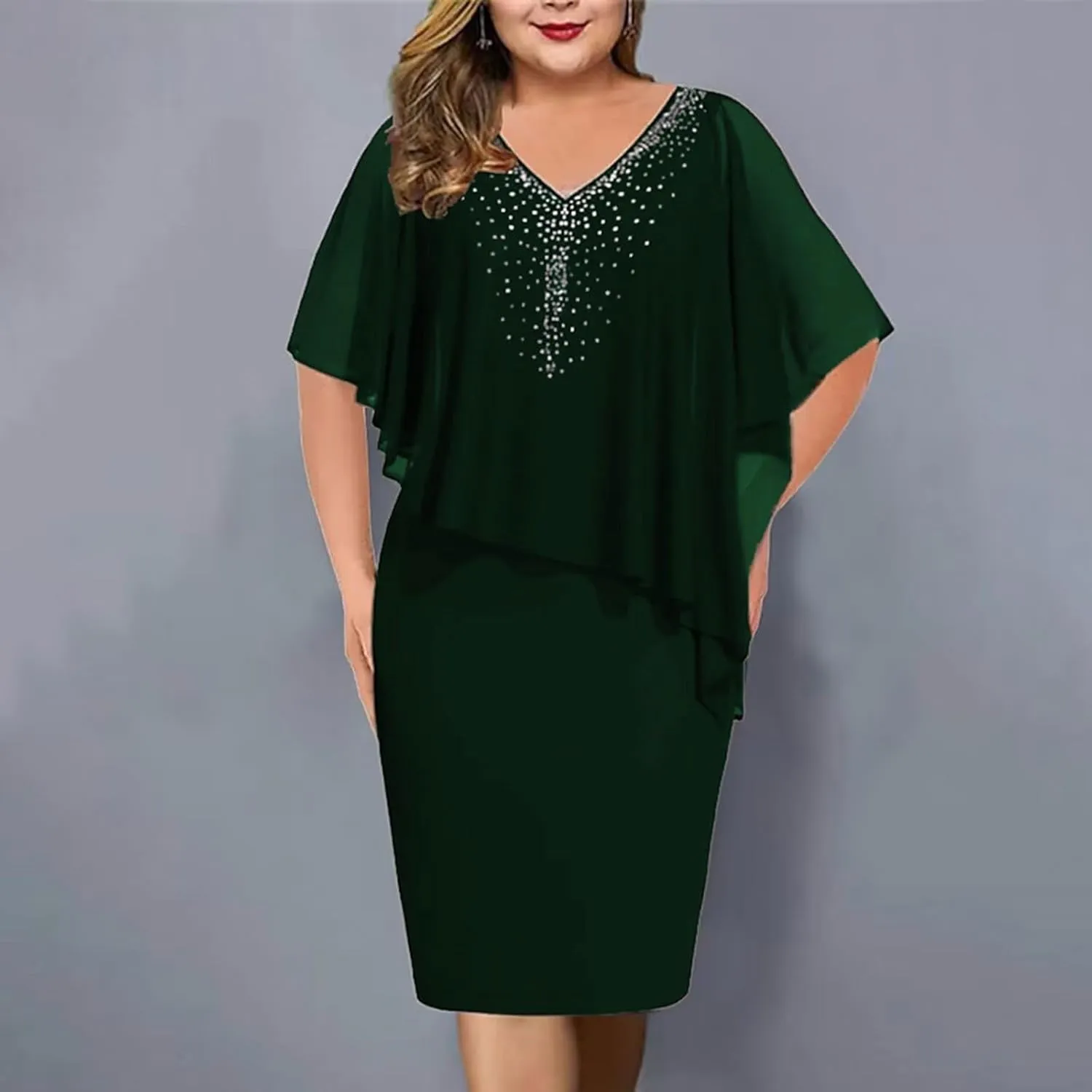 Chiffon Dress for Women Mesh V Neck Night Out Dresses Rhinestone Printed Lightweight Soft Smooth Short Sleeve Dress