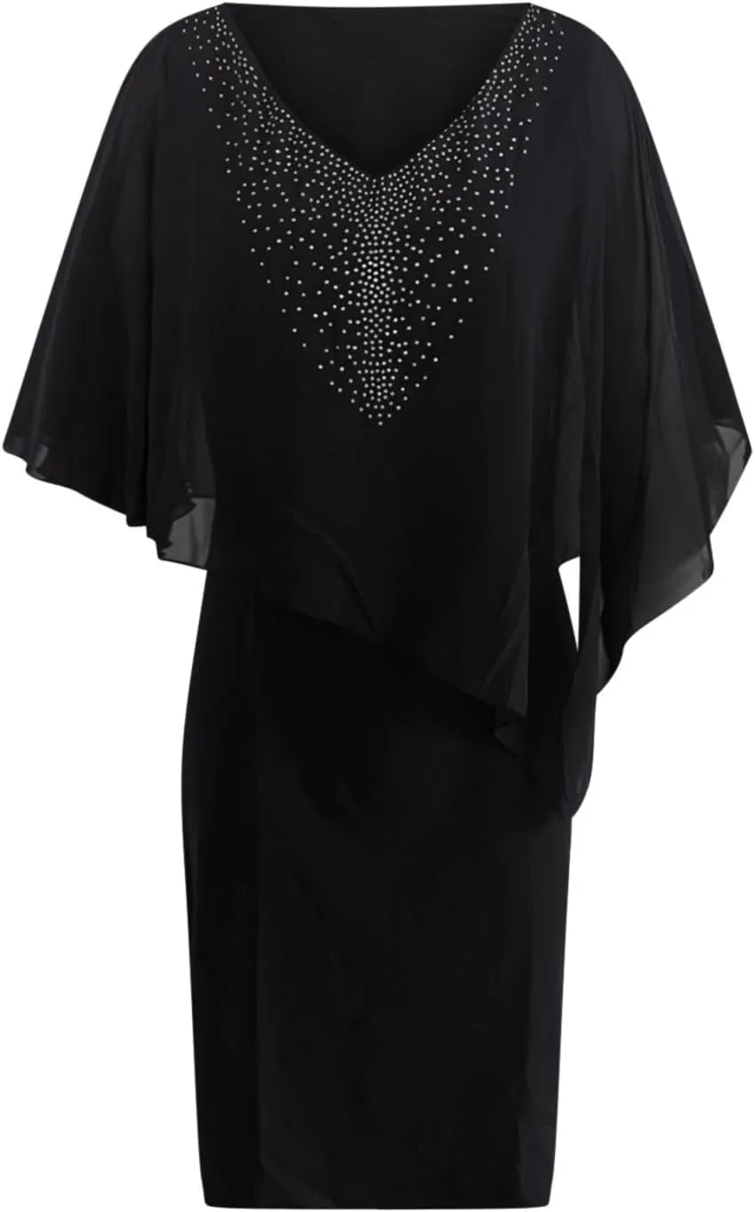 Chiffon Dress for Women Mesh V Neck Night Out Dresses Rhinestone Printed Lightweight Soft Smooth Short Sleeve Dress