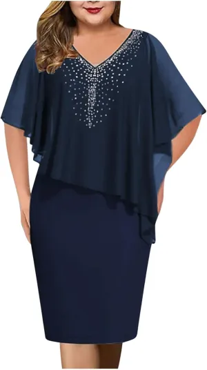 Chiffon Dress for Women Mesh V Neck Night Out Dresses Rhinestone Printed Lightweight Soft Smooth Short Sleeve Dress