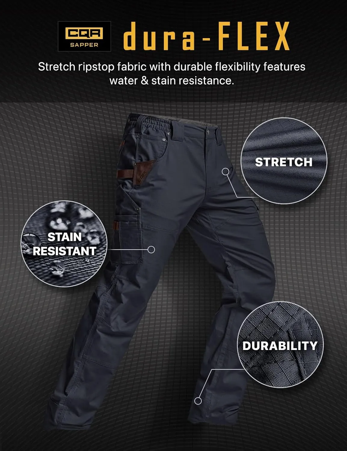 CQR Men's Flex Ripstop Work Pants, Water Resistant Tactical Pants, Outdoor Utility Operator EDC Cargo Pants