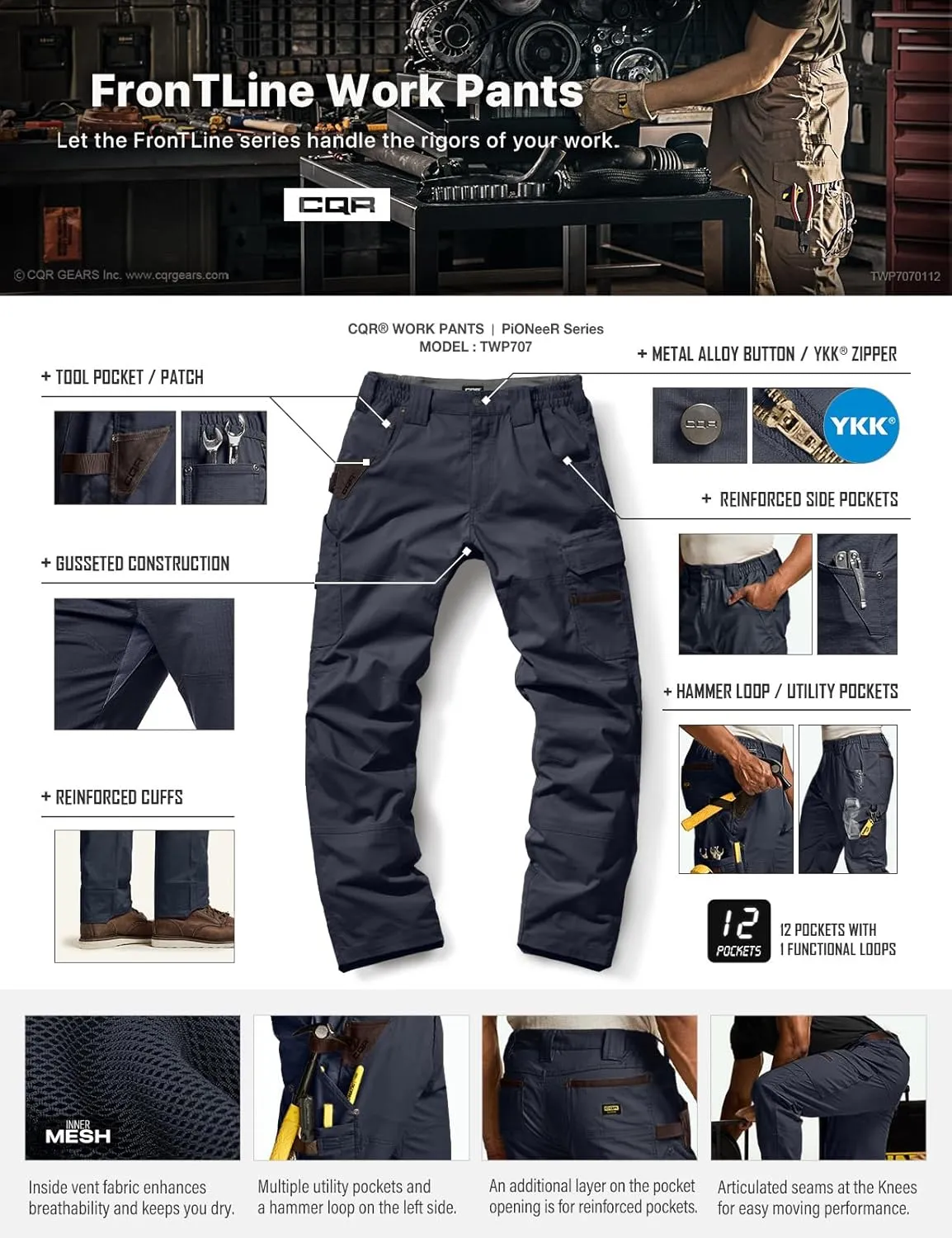 CQR Men's Flex Ripstop Work Pants, Water Resistant Tactical Pants, Outdoor Utility Operator EDC Cargo Pants