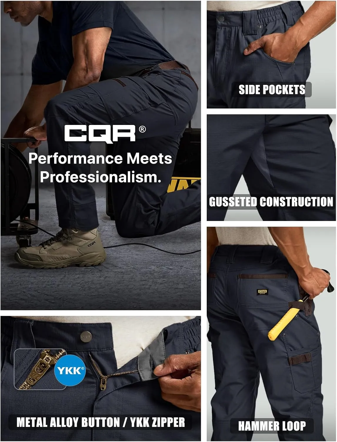CQR Men's Flex Ripstop Work Pants, Water Resistant Tactical Pants, Outdoor Utility Operator EDC Cargo Pants