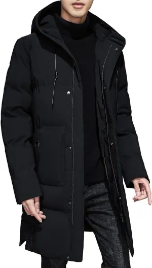 DGHM-JLMY Men's Mid Length Down Jacket Long Hooded Padded Puffer Jacket Full Zip Up Windproof Jacket Winter Coat