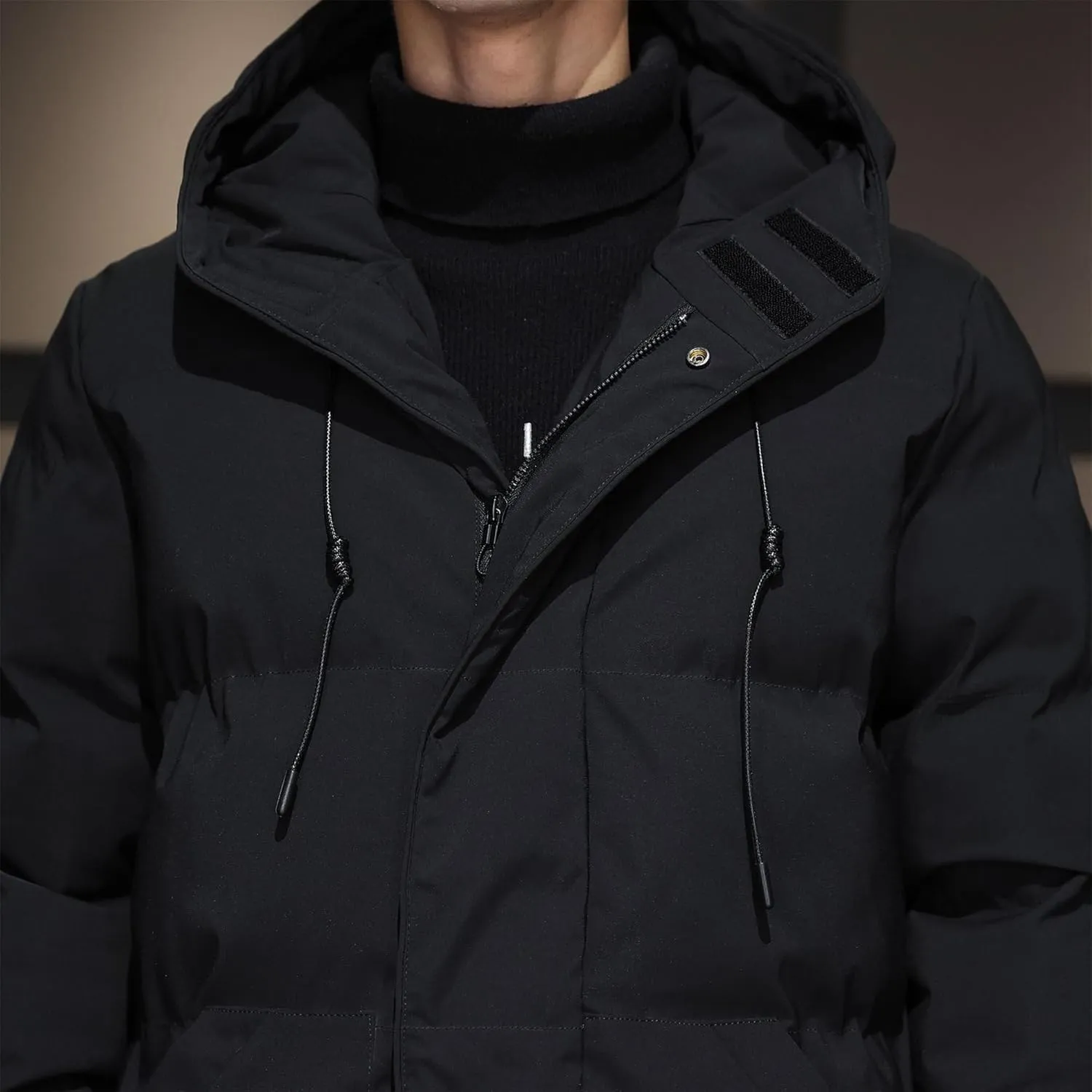 DGHM-JLMY Men's Mid Length Down Jacket Long Hooded Padded Puffer Jacket Full Zip Up Windproof Jacket Winter Coat