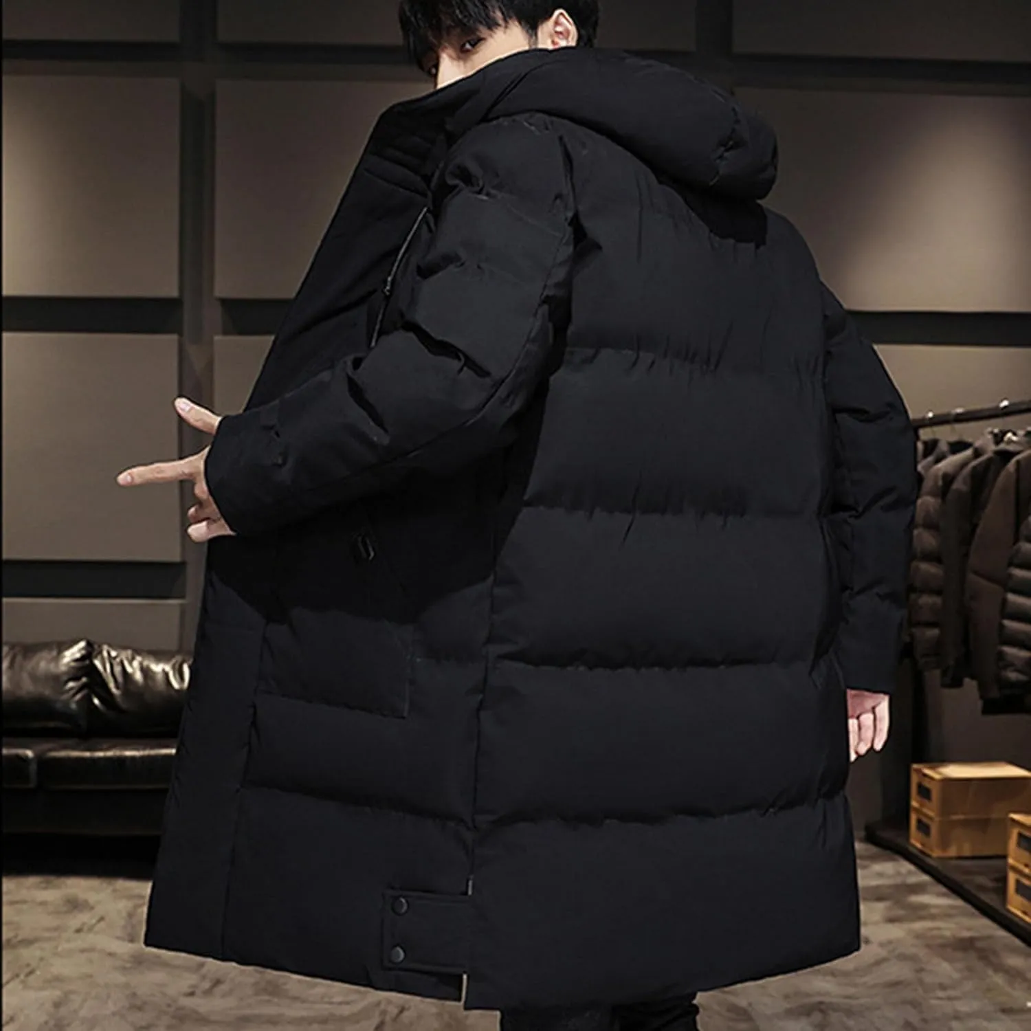 DGHM-JLMY Men's Mid Length Down Jacket Long Hooded Padded Puffer Jacket Full Zip Up Windproof Jacket Winter Coat